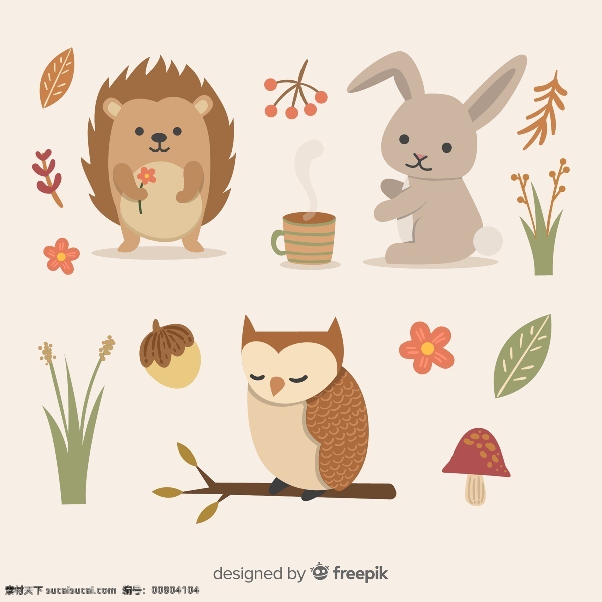 可爱 秋季 动物 花草 刺猬 兔子 橡子 猫头鹰 树枝 矢量 高清图片