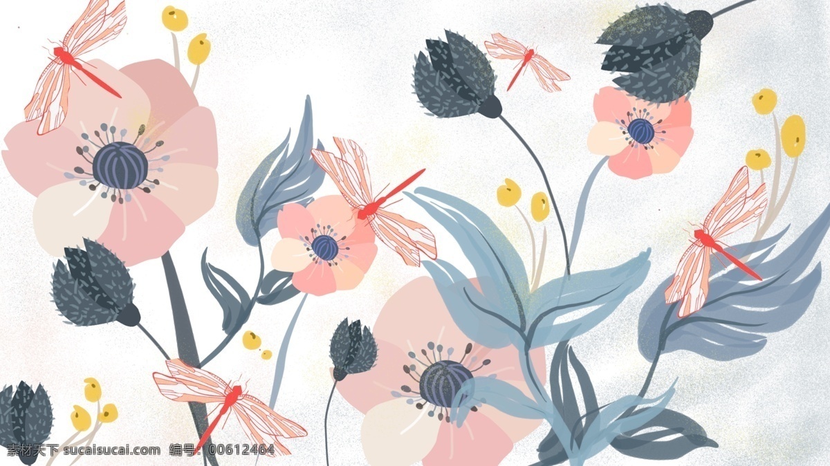 清新 蜻蜓 唯美 扁平化 插畫