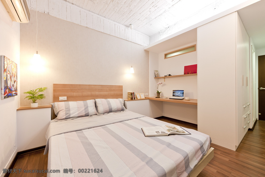 简约 卧室 壁画 装修 效果图 白色灯光 床铺 床头柜 方形吊顶 木地板