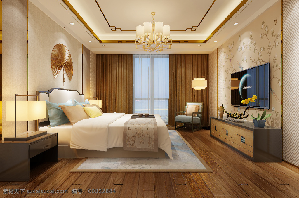 新 中式 风格 时尚 温馨 卧室 效果图 背景墙 壁纸 地板 新中式 装修设计 3d模型
