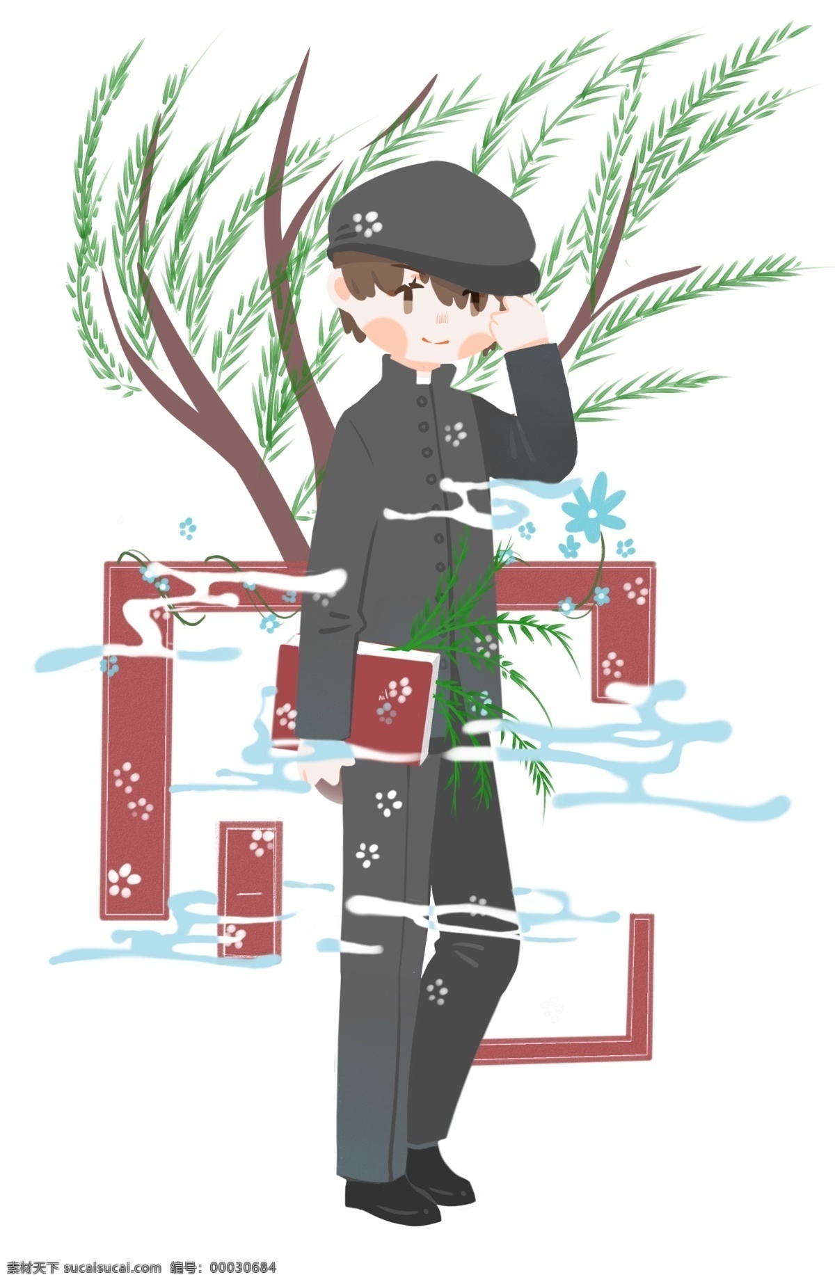 清明节 帅气 小 男孩 人物 插画 帅气的小男孩 黑色的帽子 绿色的叶子 垂钓的柳树 卡通人物