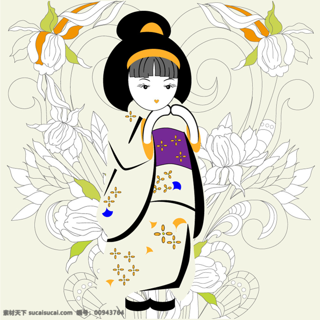 穿 和服 女人 花紋背景 穿和服的女人 矢量 矢量圖 矢量人物