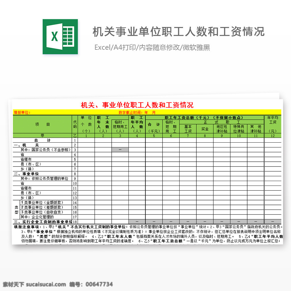 机关 事业单位 职工 人数 工资 情况 报表 财务 人力 工资表 薪酬 人力资源 福利 工资条 人事报表 行业表格 办公常用 薪酬福利 自动计算 财务报表