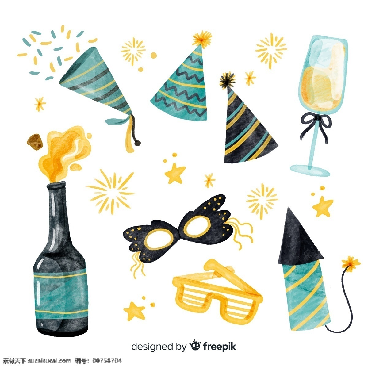 水彩 绘 新年 元素 彩色纸屑 节日礼帽 香槟酒 酒杯 面具 矢量 高清图片