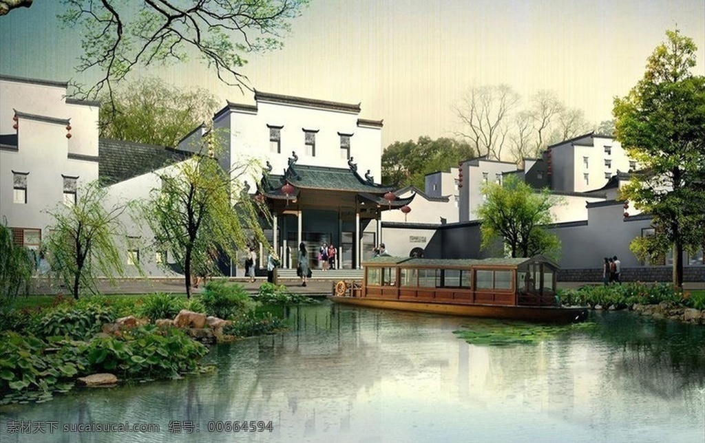 中式 園林建筑 園林 效果圖 建筑 小河流水 綠植 屋檐 景觀效果圖