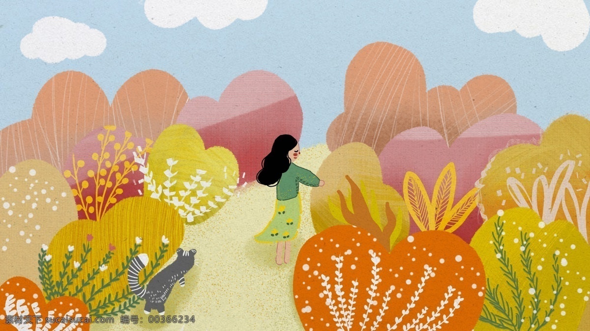 秋天 少女 風(fēng)景 商業(yè) 插畫(huà) 浪漫 溫馨 女孩 植物 可愛(ài) 貓咪 扁平