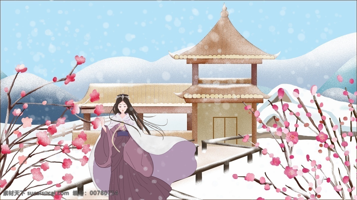 成語故事 粉妝 玉 徹 古風(fēng) 冬季 雪地 上 女子 唯美 冬天 粉妝玉徹 古裝 立冬 小雪 大雪 下雪 梅花 樓閣