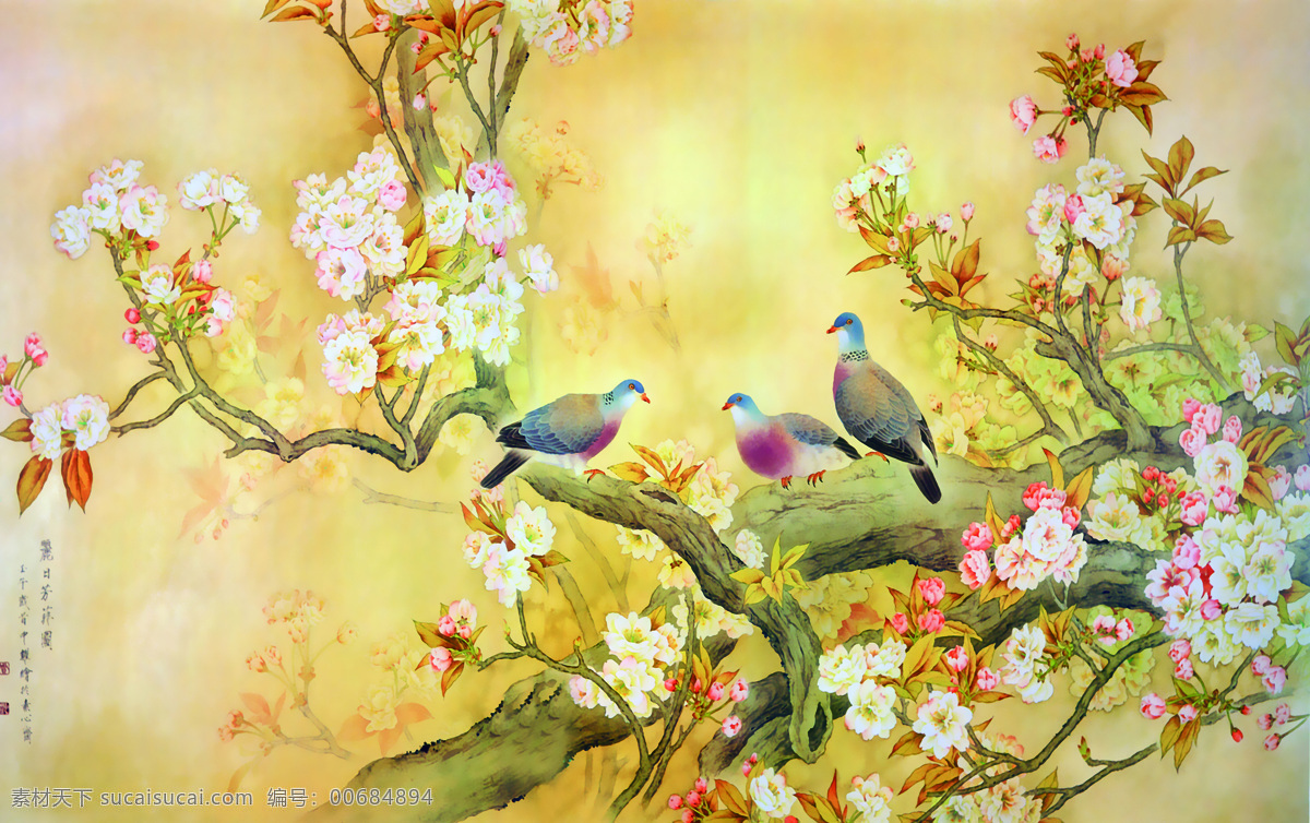 國畫 牡丹 鳥圖片 鳥 油畫 樹枝 底紋邊框 其他素材