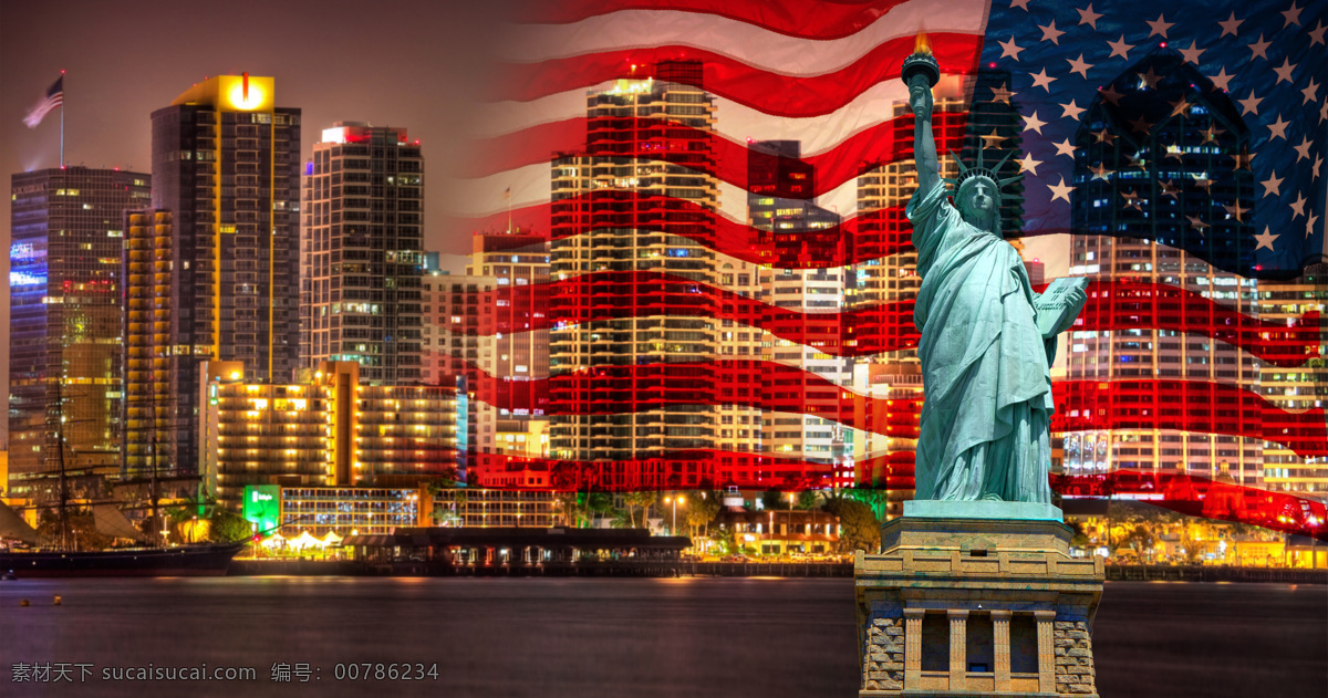 自由女神像 美国国旗 纽约市 夜景 城市