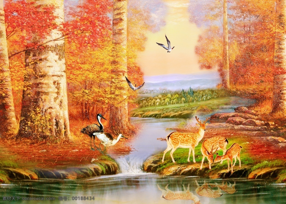 風(fēng)景 油畫 風(fēng)景油畫 鹿 鳥 樹 小溪 油畫風(fēng)景 白樺樹 白樺 水 裝飾素材