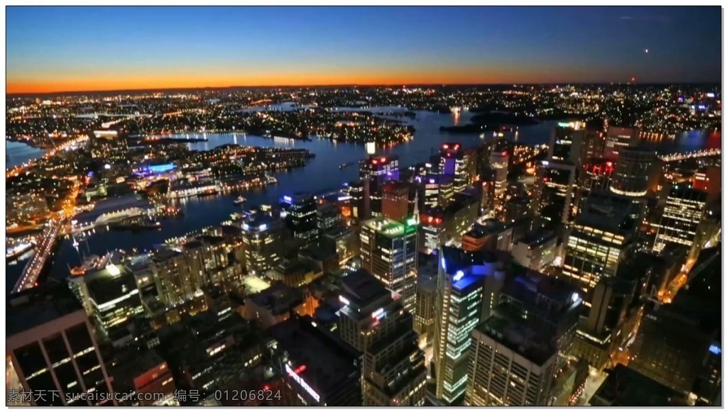 城市 华灯初上 夜景 视频 夕阳 地平线 视频素材 动态视频素材
