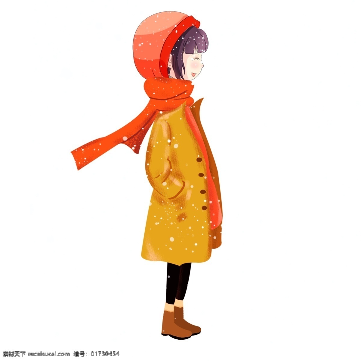 冬季 大雪 中 站 女孩 卡通 冬天 人物 插畫(huà) 手繪