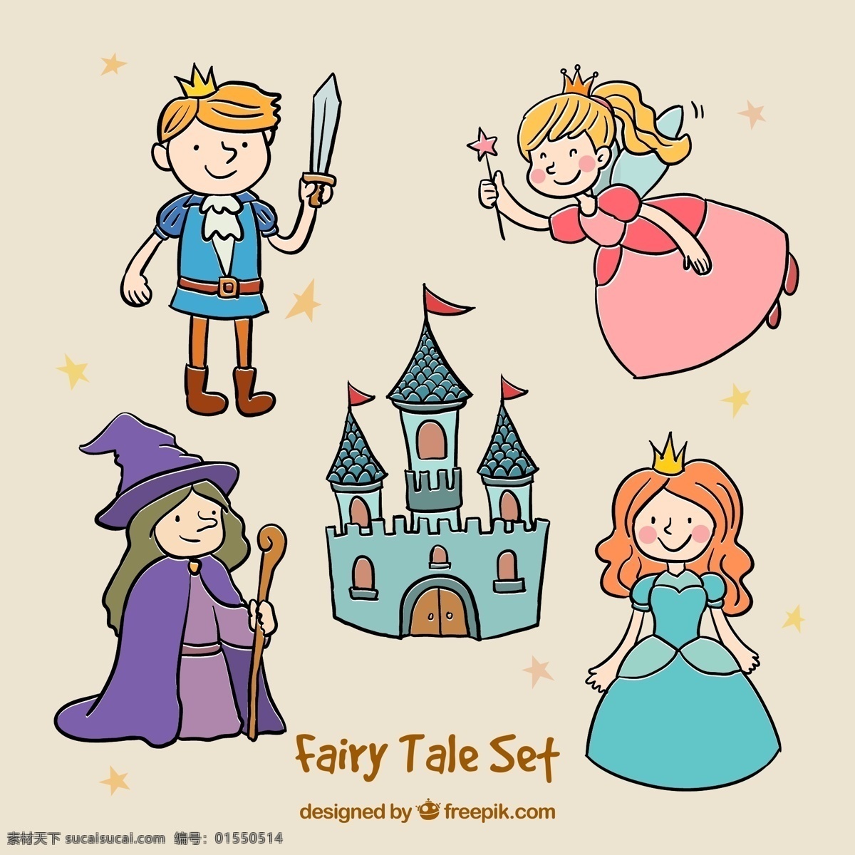 款 彩绘 仙女 王子 城堡 童话 元素 矢量 精灵 巫师 公主 人物 矢量图