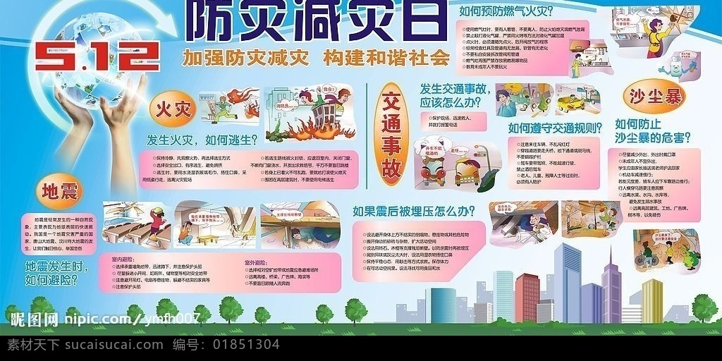 防災(zāi) 減災(zāi) 日 展板 樓房 城市 綠化 地球 雙手 火災(zāi) 交通事故 沙塵暴 地震 展板模板 矢量圖庫(kù)
