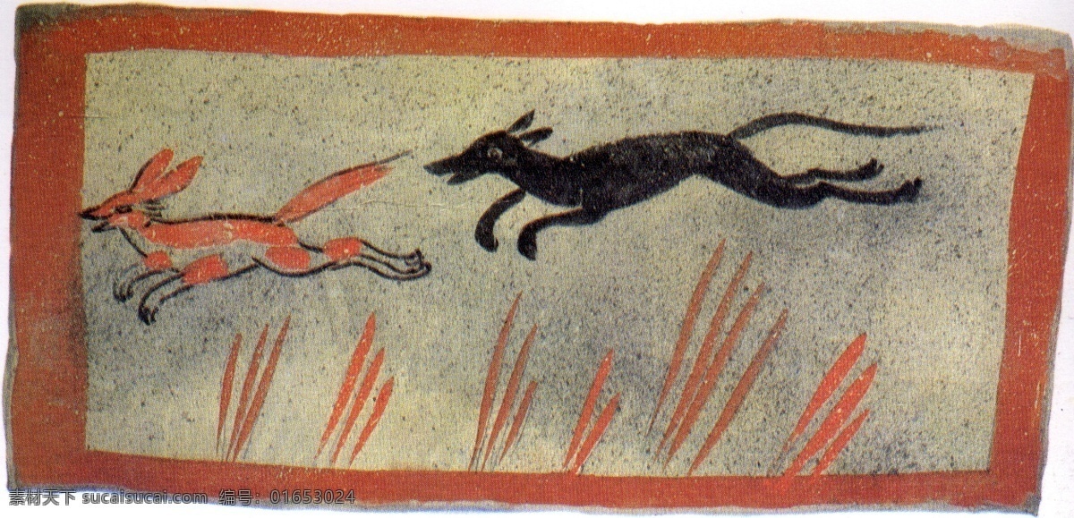 猎犬 追捕 草丛 中 野 狐 砖画 古代壁画 设计素材 壁画世界 书画美术 灰色