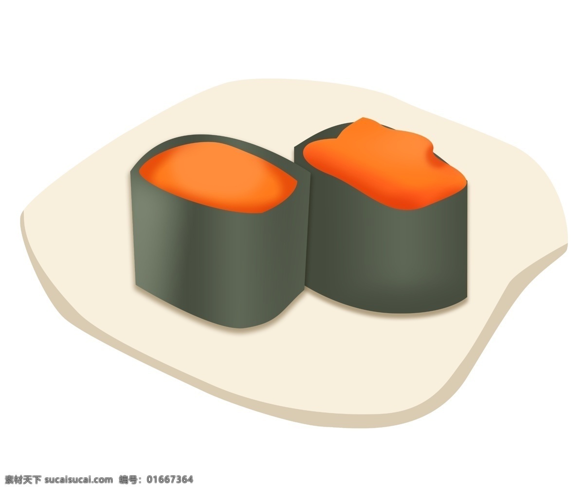 黑色 包装 寿司 插图 橙色寿司 黑色包装 两个寿司 美味的寿司 日本寿司 白色盘子 盘子装饰 蔬菜寿司