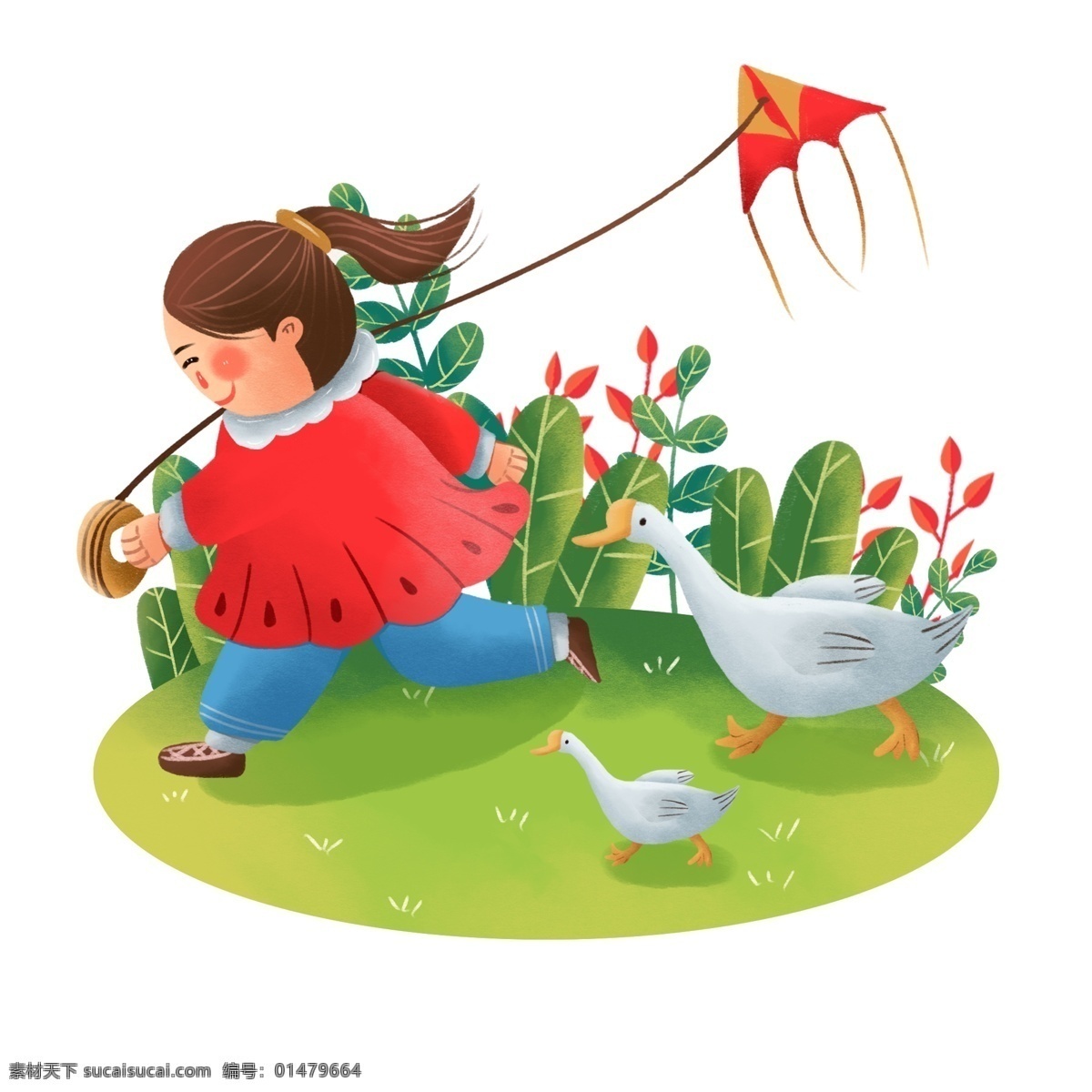 手繪 春分 放風(fēng)箏 女孩 手繪風(fēng) 風(fēng)箏 鵝 人物 場景 元素 可商用