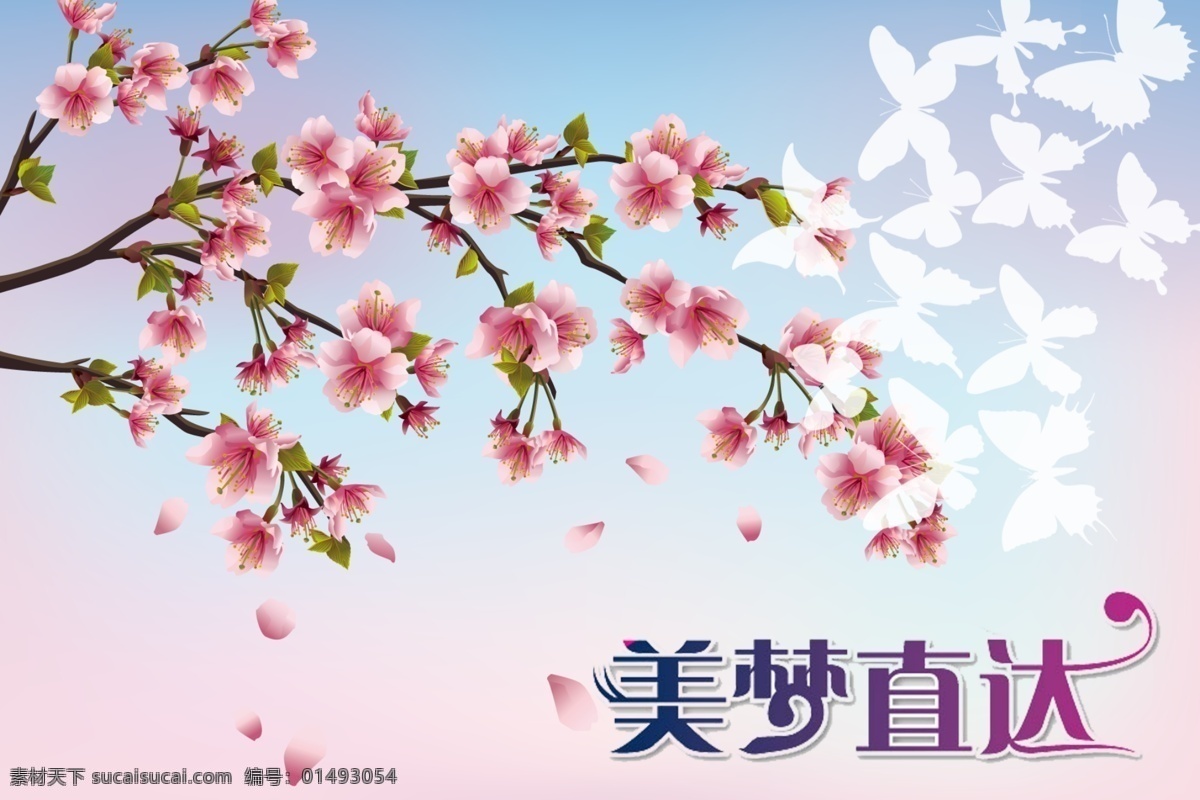 美夢直達 桃花 蝴蝶 粉紫色的背景 分層 源文件