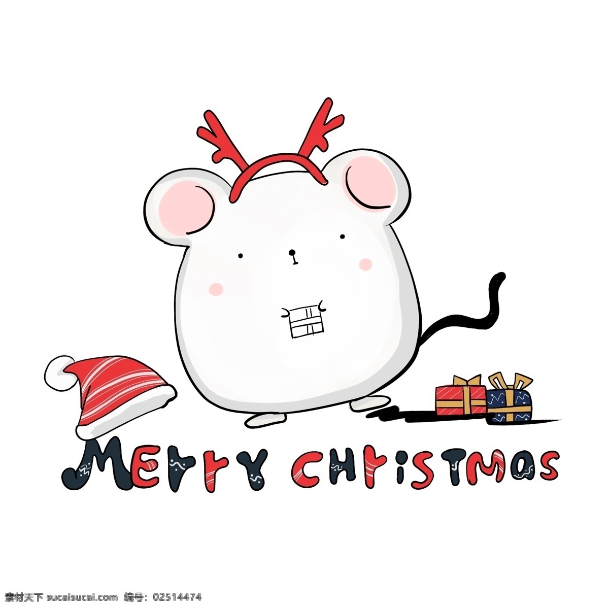 圣诞节 开心 收到 礼物 小 豚鼠 卡通 动物 节日 小老鼠 帽子 字母 圣诞快乐 盒子 手绘 萌萌的 好玩