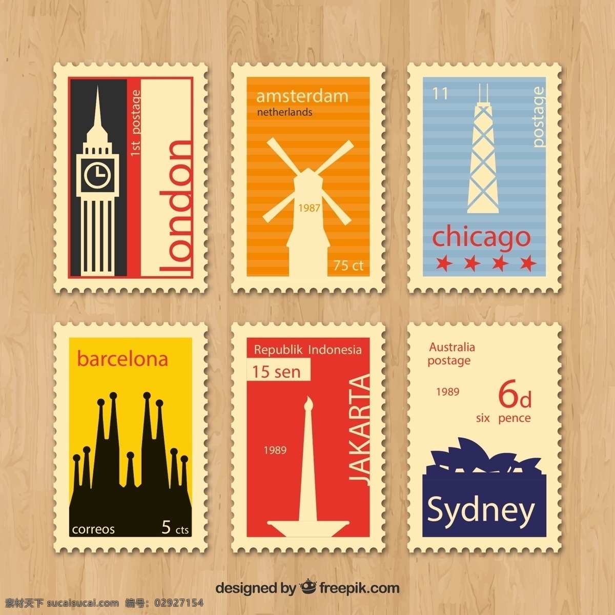 复古 旅游 城市 邮票 伦敦 伊丽莎白塔 英国 荷兰 风车 矢量 高清图片