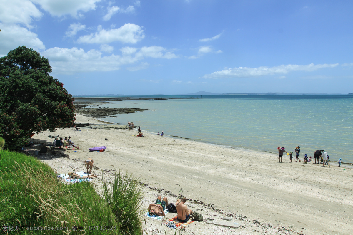 新西兰 海滨 风景 天空 蓝天 白云 远山 大海 海水 海湾 海滩 绿树 草地 游人 休闲 日光浴 风光 旅游摄影 国外旅游