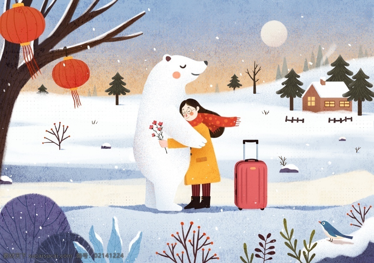 北极熊 女性 清新 插画 卡通 背景 类 分层 背景素材