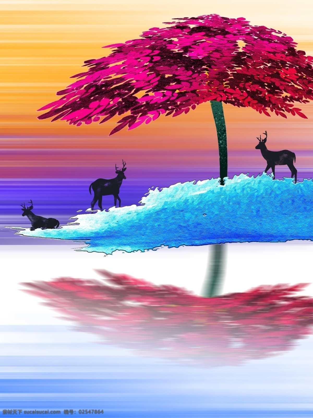 简约 梦幻 紫色 浪漫 树 客厅 装饰画 剪影鹿 渐变线条背景 紫色浪漫树 蓝色抽象山 一联画