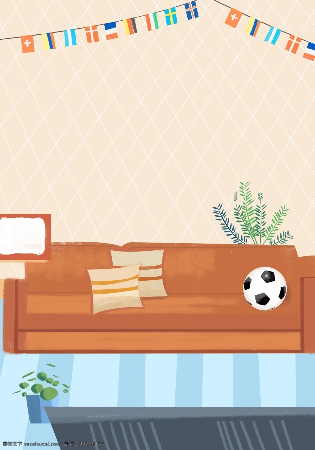 世界杯 小球 迷 欢呼 手机 图 温馨背景 室内插画 通用背景 居家生活插画 沙发 桌子 盆栽