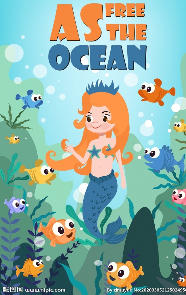 美人鱼海报 深海 美人鱼 鱼群 海草 珊瑚 小丑鱼 泡泡 动漫动画 动漫人物