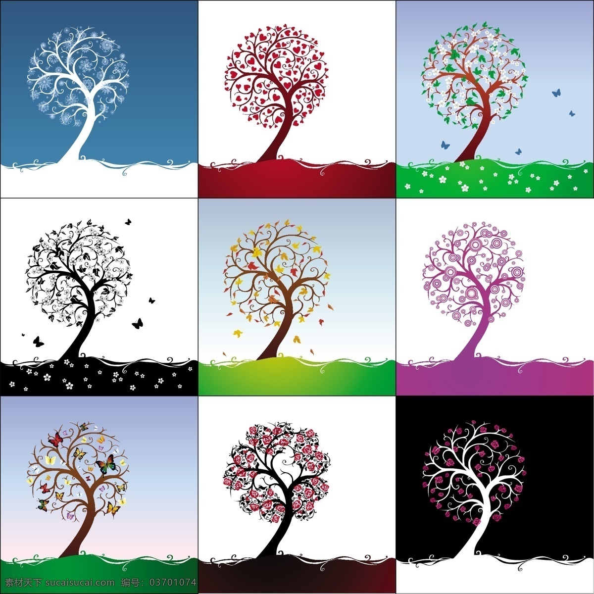 组 精美 不同 色 调和 季节 抽象 树 矢量 抽象树 蝴蝶 花朵 落叶 矢量树木 矢量图 植物矢量素材 不同色调 不同季节 其他矢量图