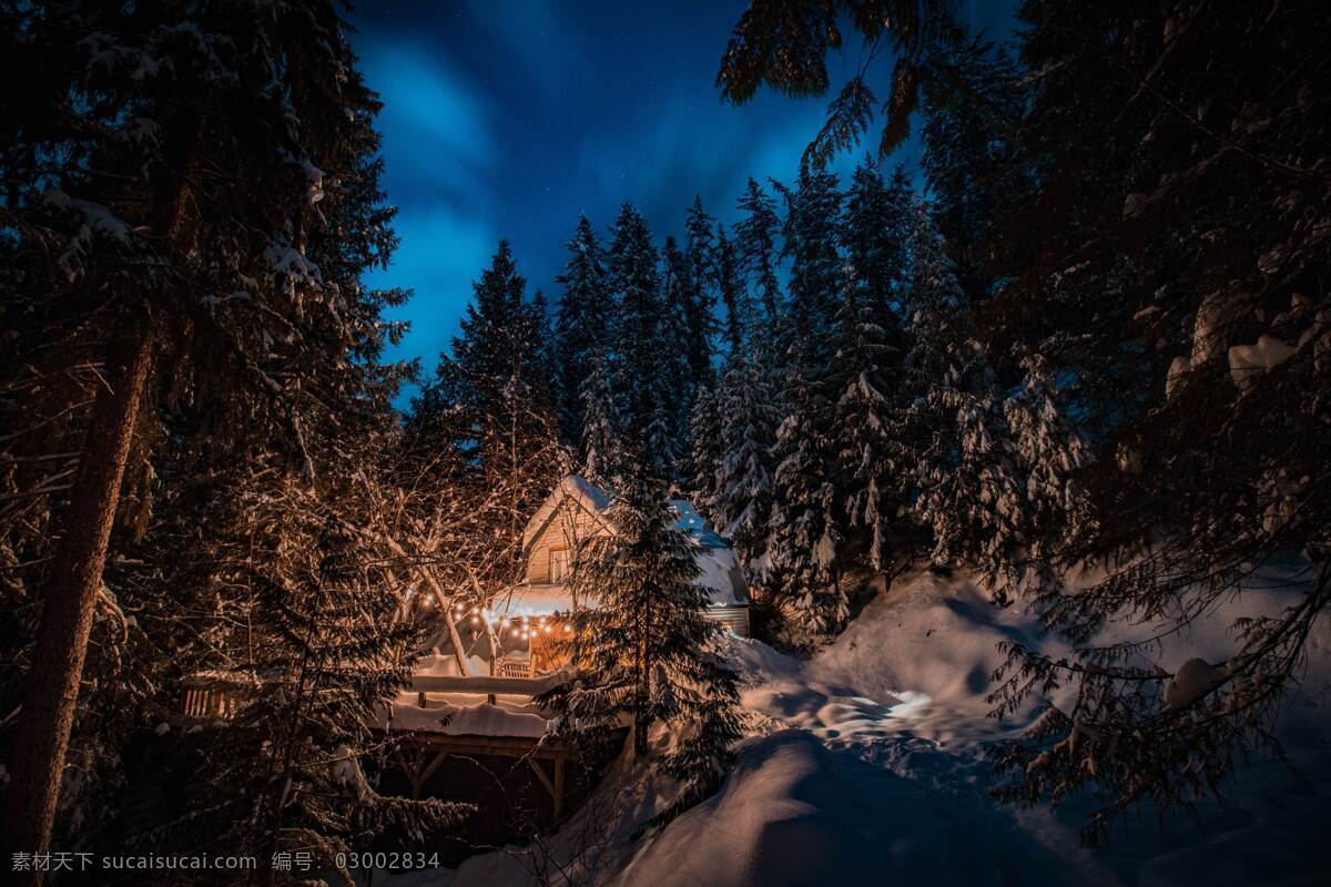 冬季 夜晚 雪景 晚上 小屋 雪山 森林 雪地 自然景观 自然风景