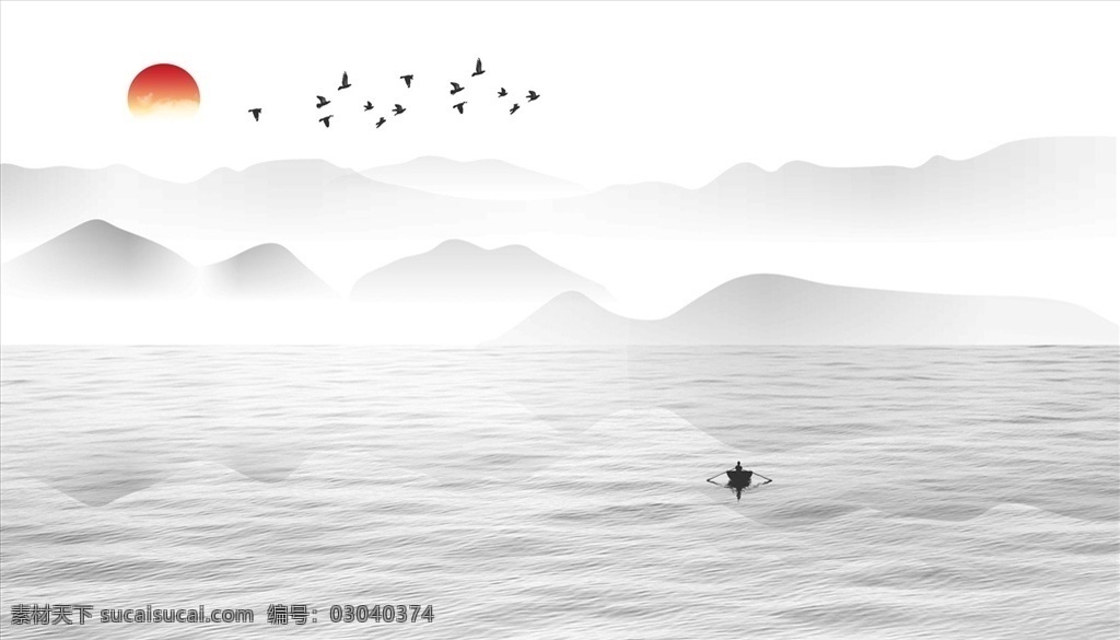 水墨畫 水波紋 小船 太陽圖片 太陽 背景墻 電視背景墻 現(xiàn)代背景墻 中式背景墻 分層