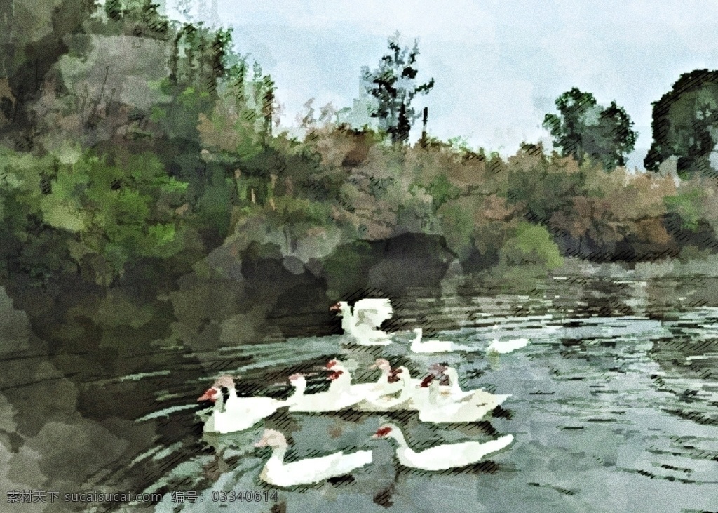 大白 鹅湖 泊 自然风景 图 大白鹅 湖泊 绿色 乡村 自然 风景 森林 绿树 树林 湖水 美景 油画 拍摄 水彩 手绘 鸭子 飞禽 旅游摄影