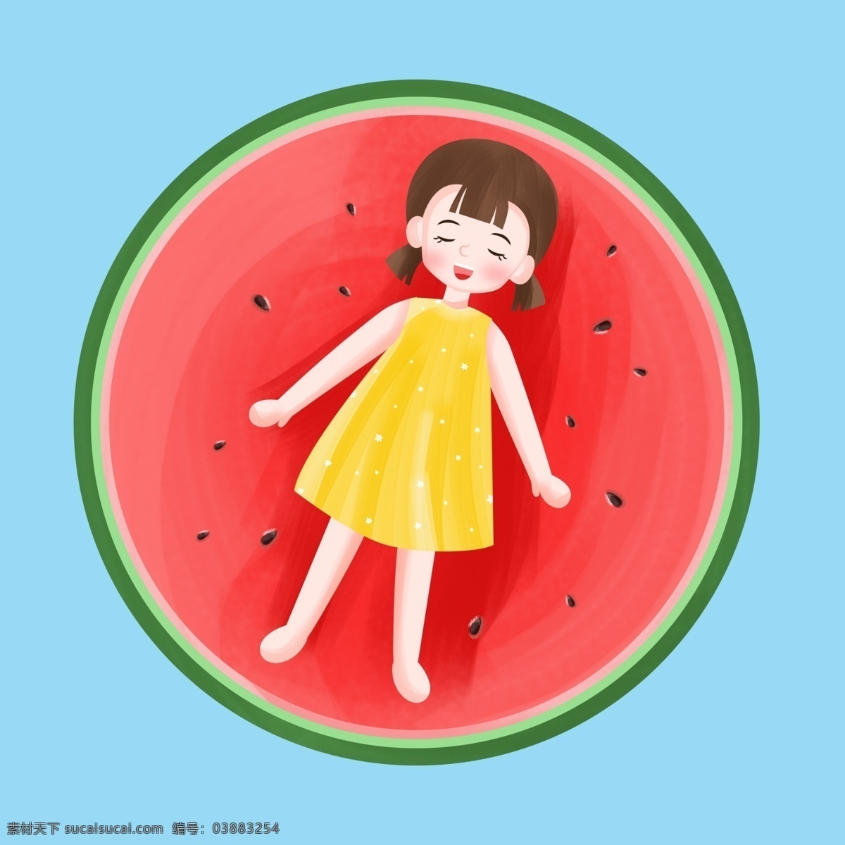 立夏 手繪 卡通 躺 西瓜 里 女孩 女孩子 卡通女孩