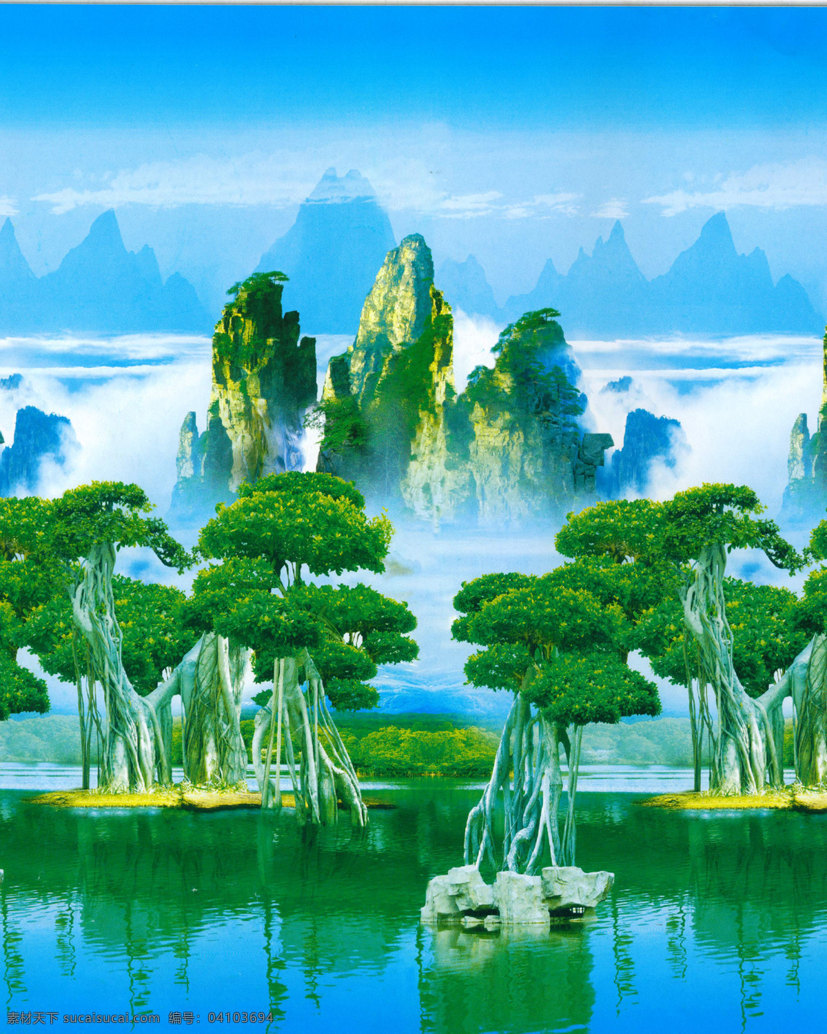 山水風(fēng)景 白云 藍(lán)天 綠色 山水 樹木 家居裝飾素材 山水風(fēng)景畫