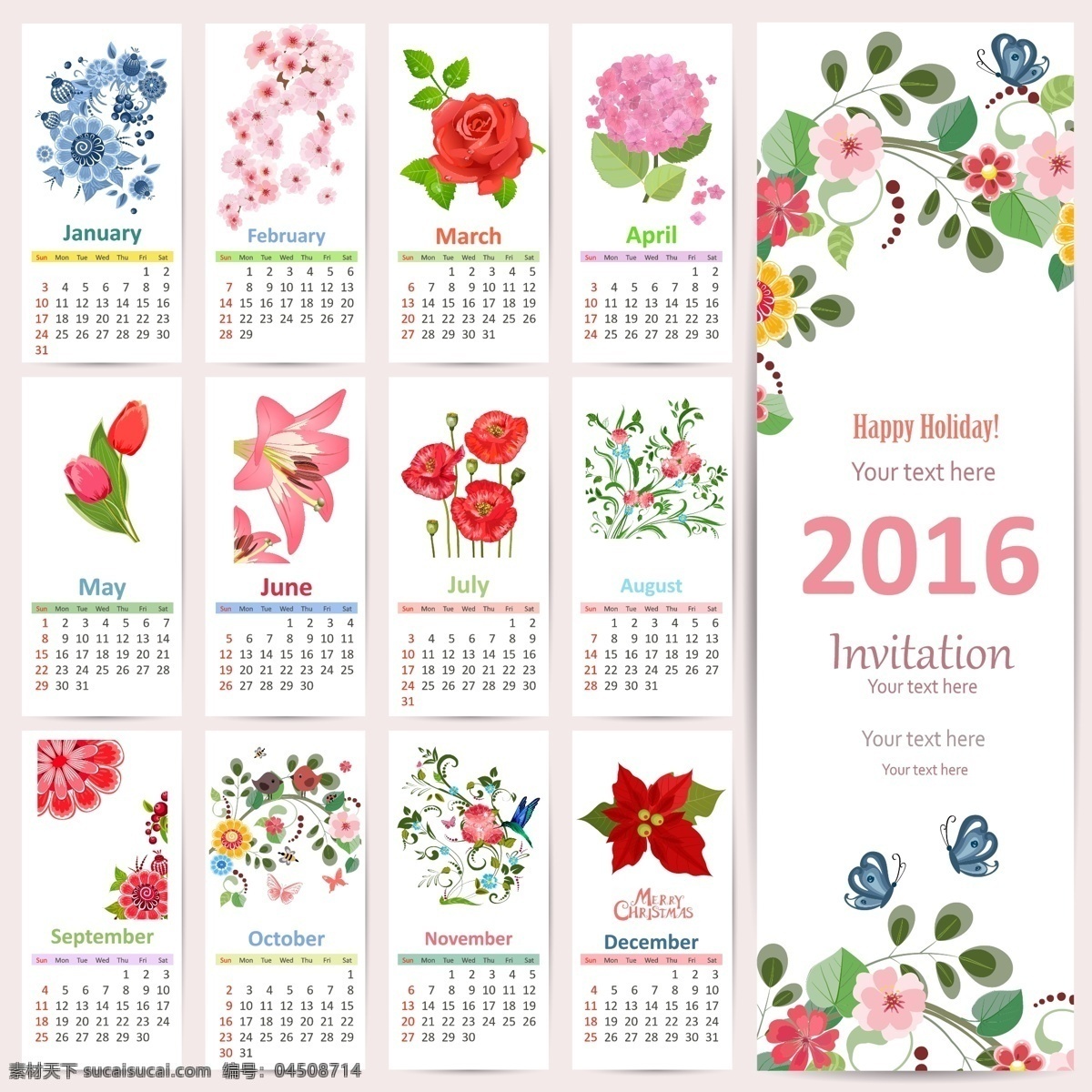 花卉 圖案 2016 日歷 calendar 創(chuàng)意日歷 彩色日歷 日歷臺(tái)歷 矢量素材 白色