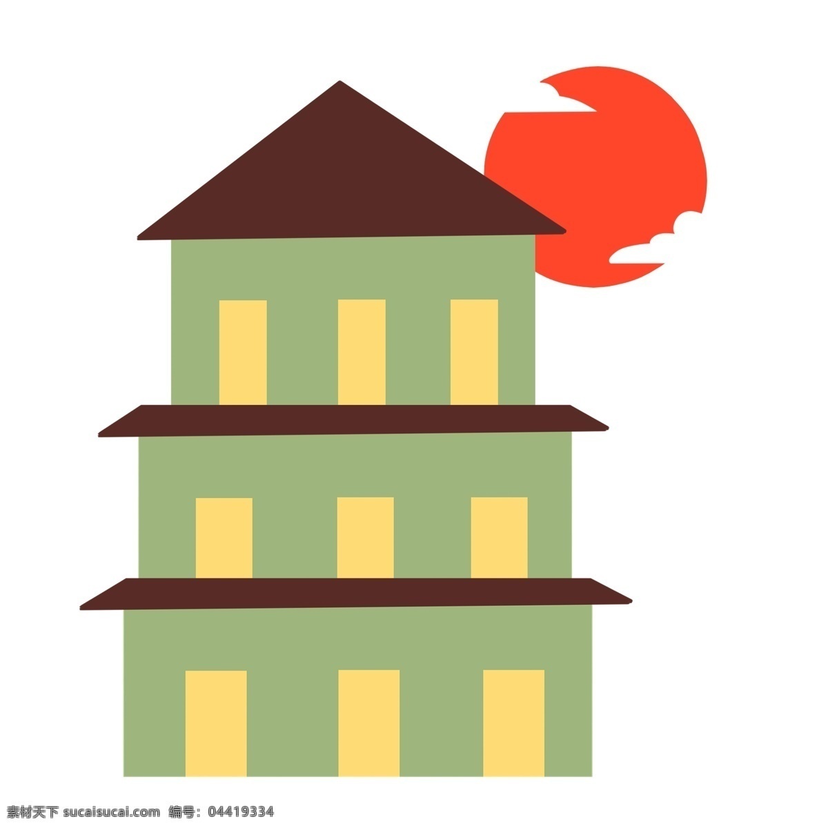 卡通 日本 建筑 插画 日本建筑 绿色的楼房 黄色门窗 红色的太阳 白色云朵 卡通建筑插画 日式建筑