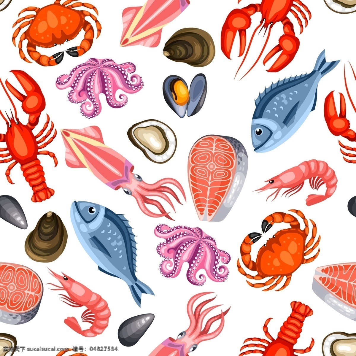 卡通海鲜食物 无缝背景 鱼排 螃蟹 贝壳 章鱼 龙虾 鱿鱼 海洋 动物 海鲜 矢量图 卡通设计