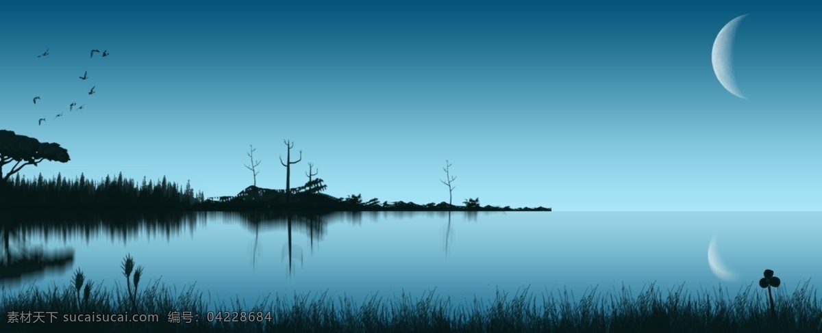 全 原创 夜晚 湖边 风景 背景 水面 夜空 唯美 手绘 倒影 湖水