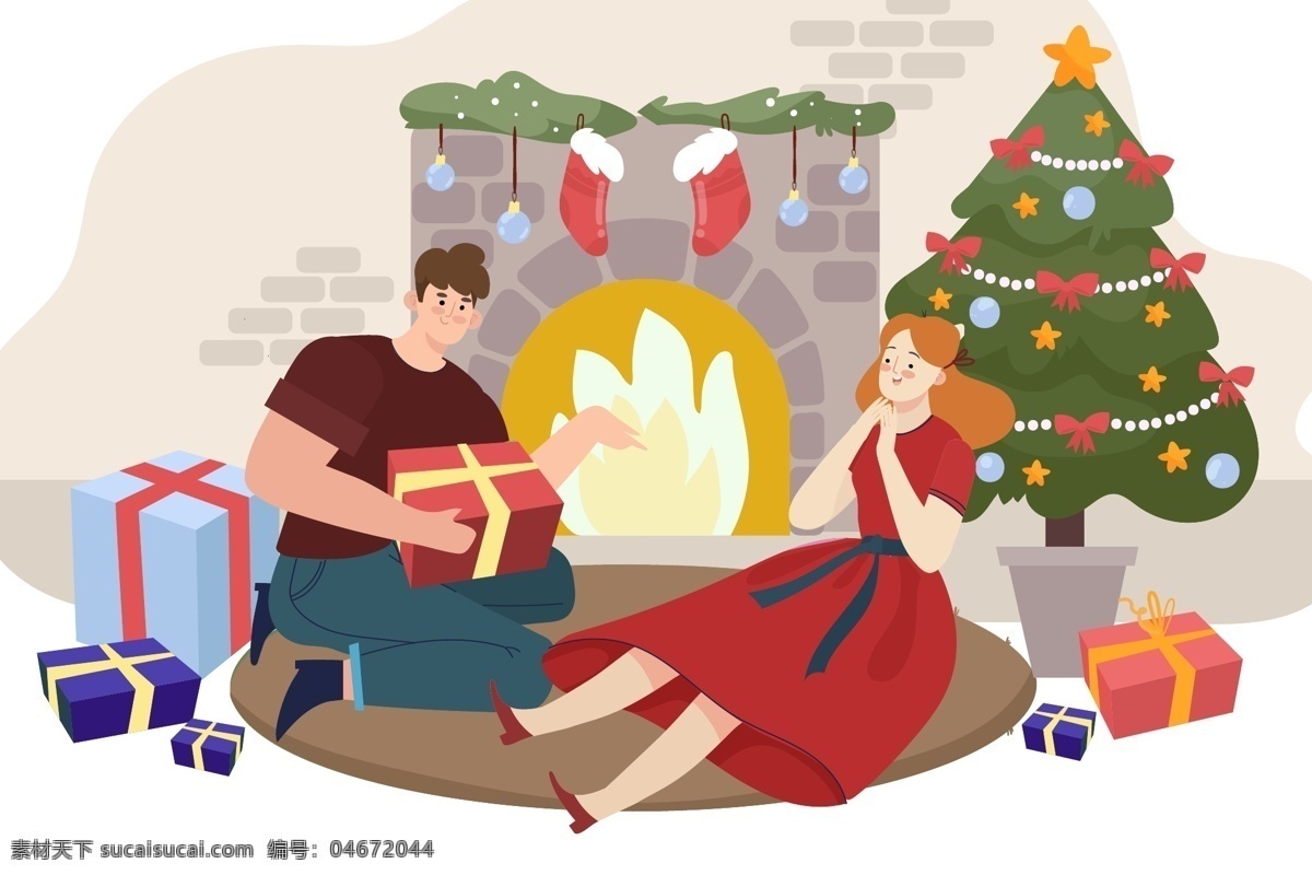 圣诞节 壁炉 旁 夫妇 圣诞吊球 圣诞袜 礼物 礼盒 篝火 圣诞树 矢量 高清图片