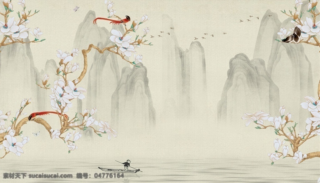 水墨山水 玉蘭 小船 背景墻圖片 背景墻 電視背景墻 現(xiàn)代背景墻 分層