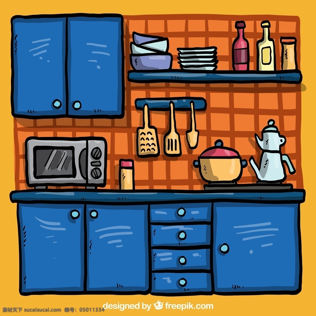 卡通 蓝色 厨房 壁橱 厨具 餐具 微波炉 调料 矢量 高清图片