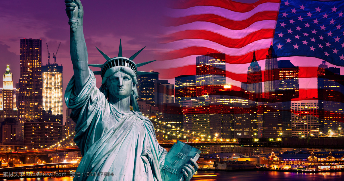 自由 女神像 美国 国旗 纽约市 自由女神像 美国国旗 夜景 城市