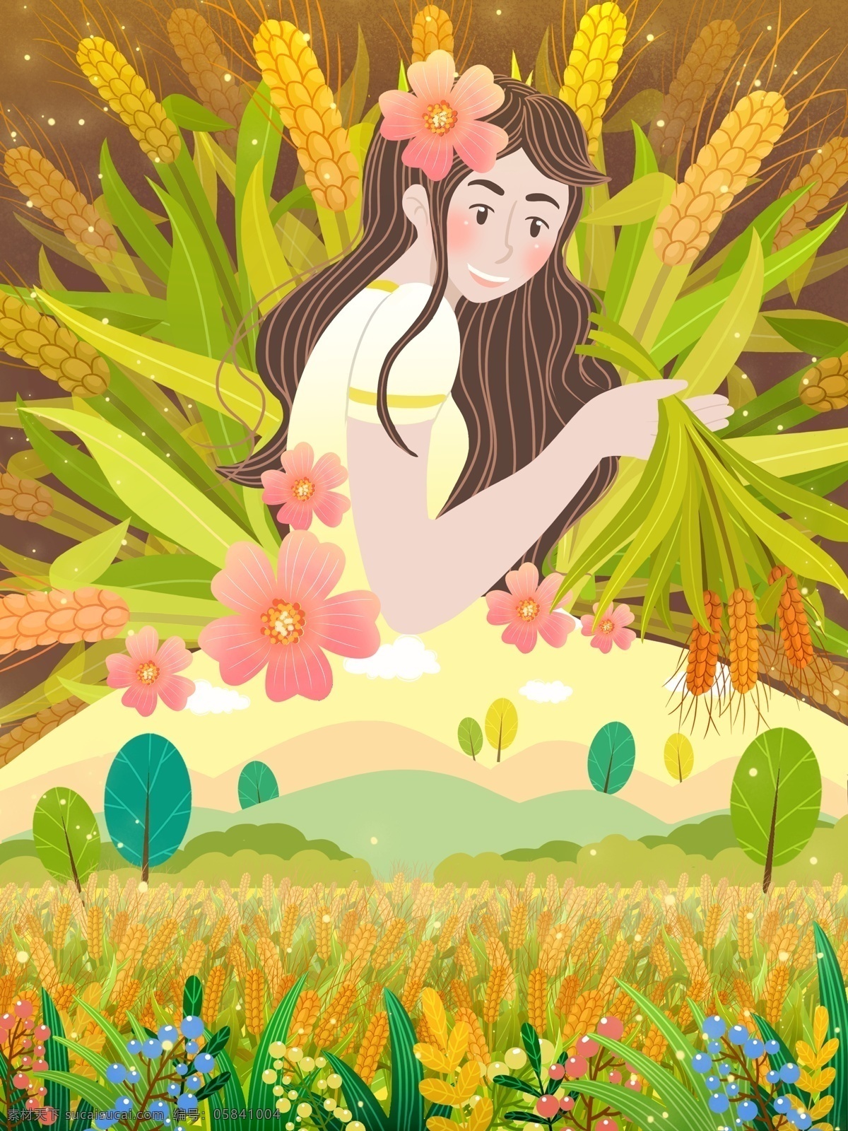 二十四節(jié)氣 芒種 時節(jié) 小麥 金黃 成熟 女孩 山 云 樹 植物 草 花 插畫 壁紙 包裝 手機圖 配圖 扁平 小清新