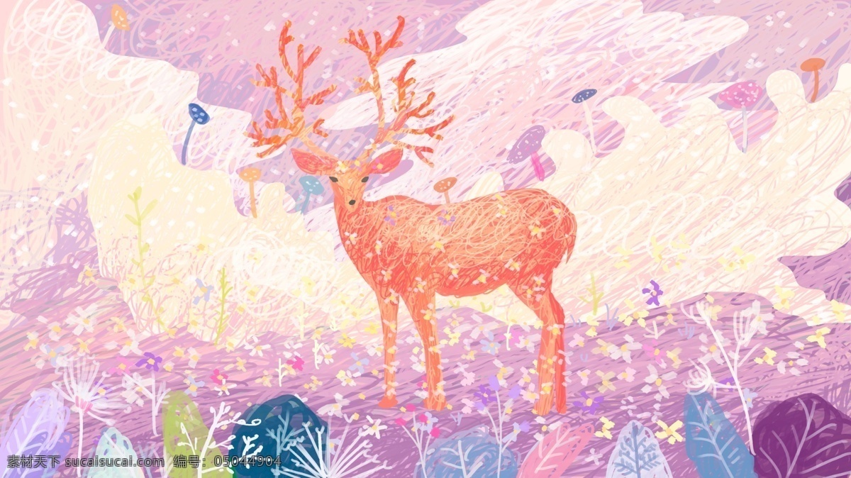 深林 鹿 可爱 唯美 梦幻 治愈 线圈 插画 印象 森林与鹿 手绘