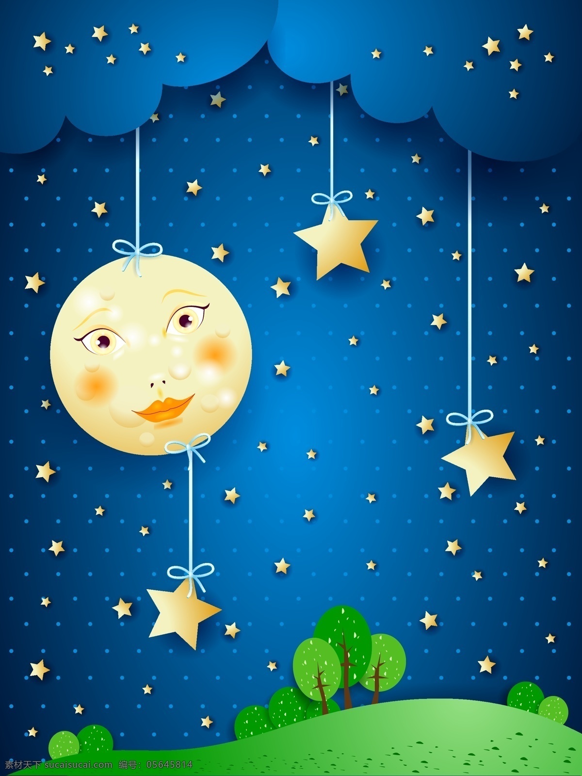 月夜 風(fēng)景 剪貼 畫 夜晚 月亮 星星 郊外 草地 樹木 矢量 高清圖片