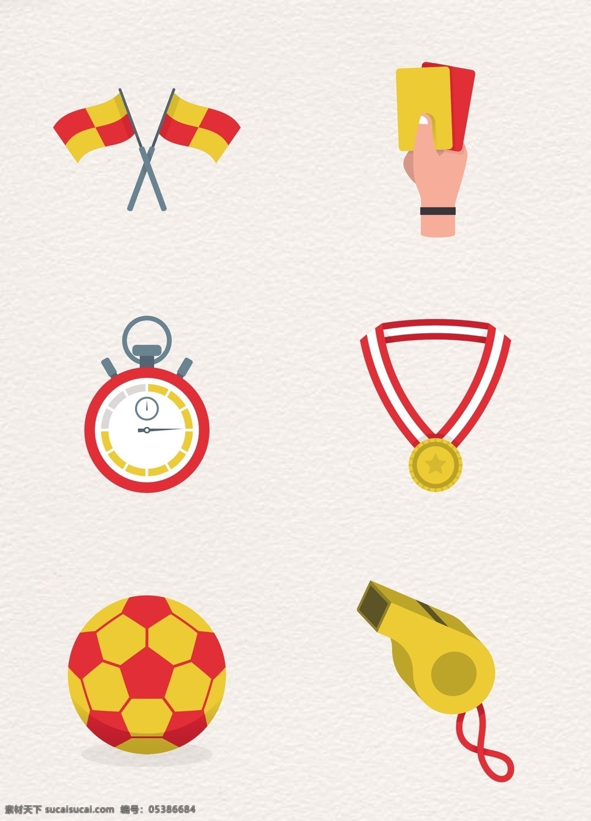 卡通 黄色 足球比赛 相关 用品 矢量 扁平化 旗子 奖牌 手绘 足球比赛素材 红牌黄牌 秒表 卡通足球 哨子 口哨