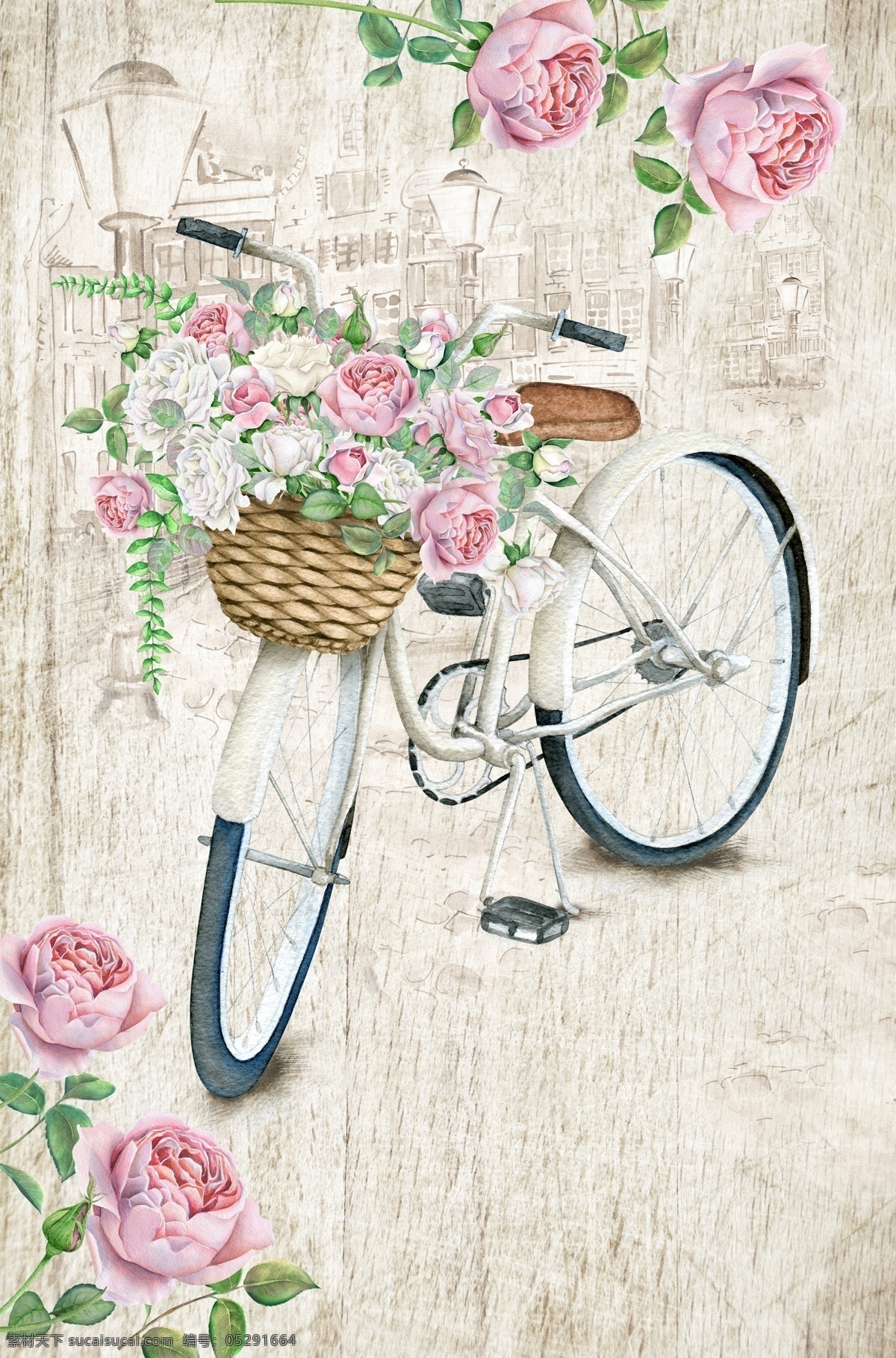 韩国 风 浪漫 单车 花朵 背景 源文件 白色 粉红色 路灯 玫瑰花 装饰图案