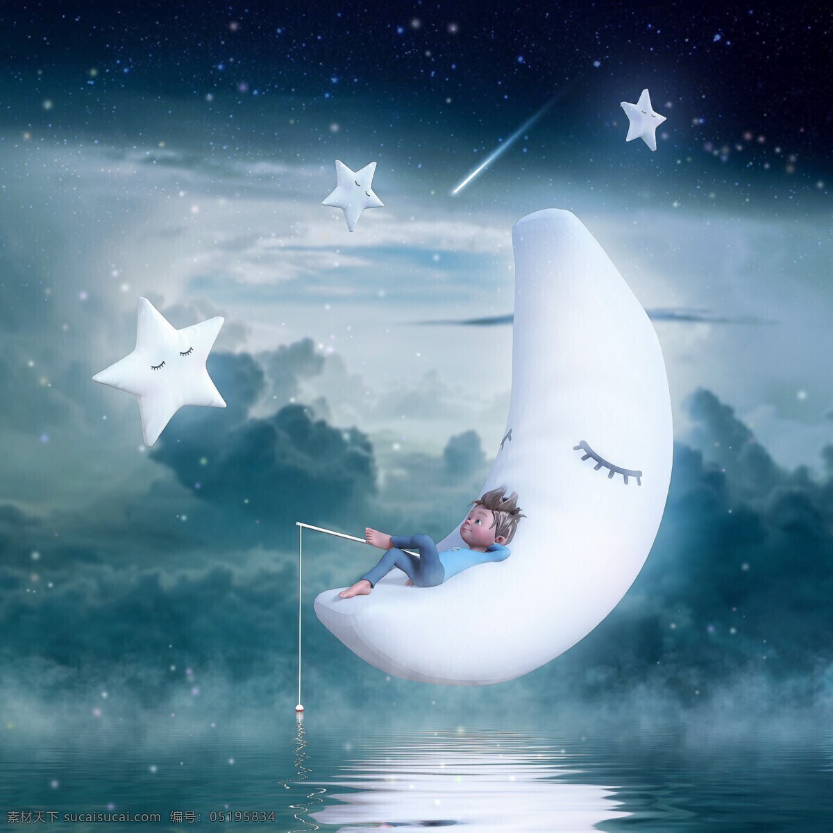 梦幻世界图片 幻想世界 星星 小男孩 月亮 垂钓 背景花纹 素材设计 动漫动画