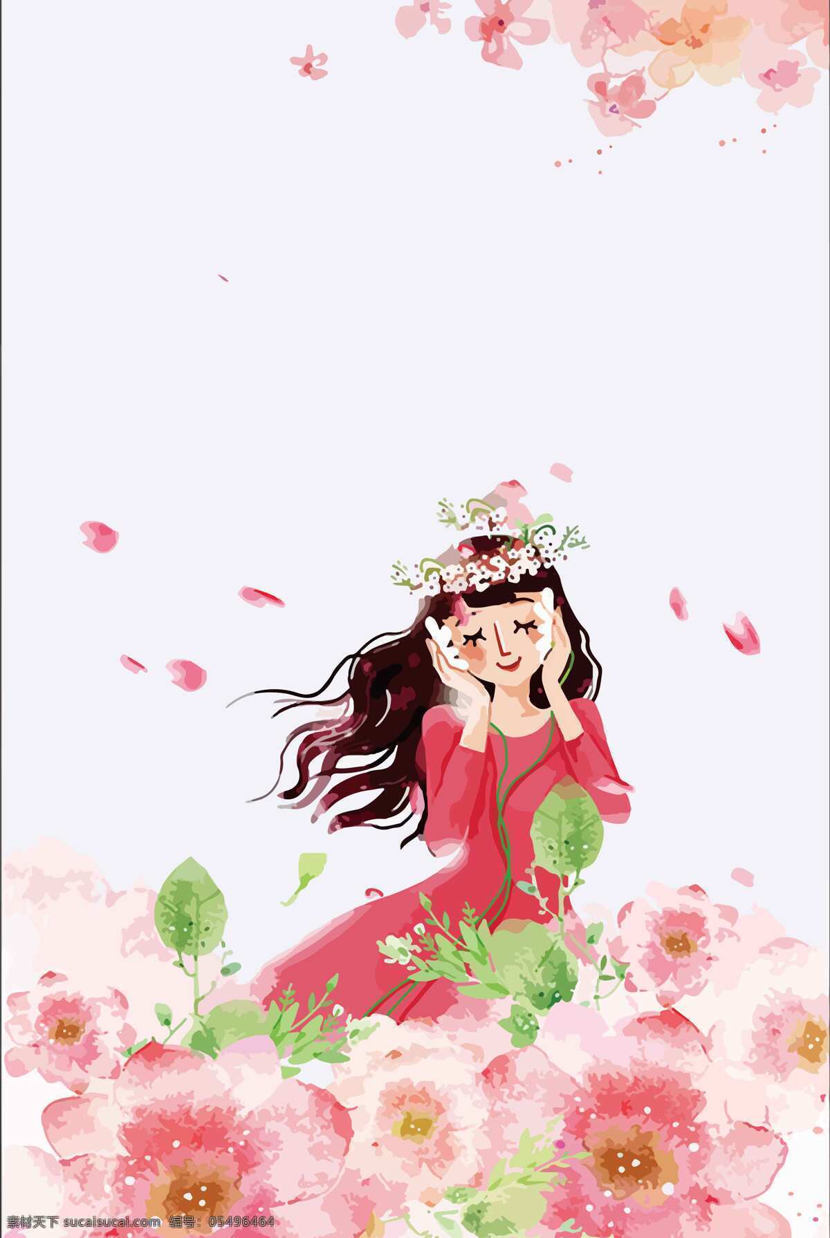 浪漫 花丛 美女 背景 唯美 粉色花朵 花瓣 花仙子 海报 广告